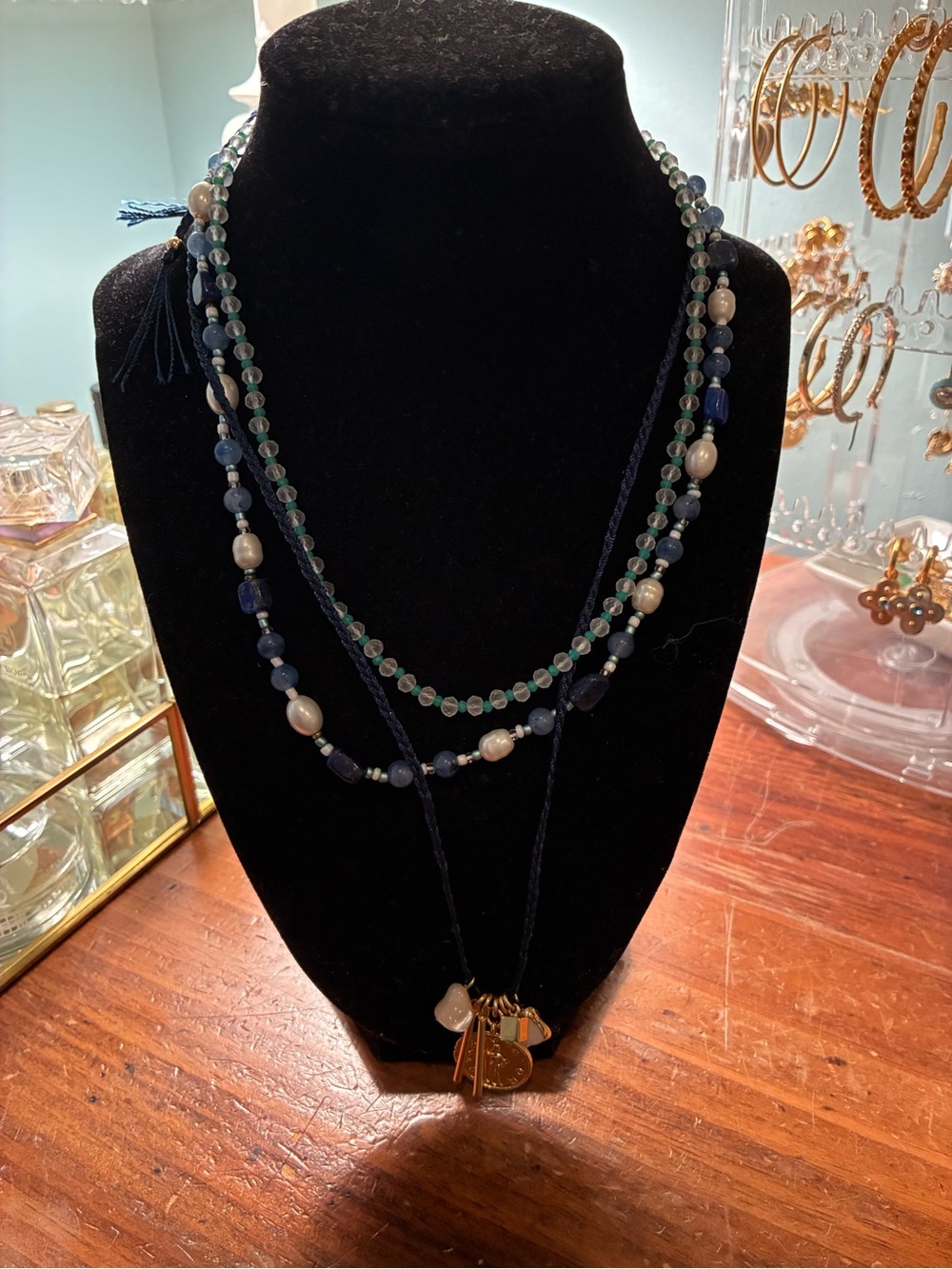 J. Crew Navy and Blue Layered Beaded Necklace with Gold Charms